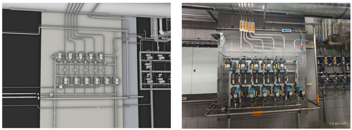 Vlevo – model panelu laboratoře vodíkových technologií, vpravo – skutečný stav