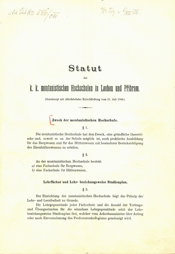 Nový statut z roku 1904, podle kterého se změnil název Báňské akademie na Vysoká škola báňská v Příbrami