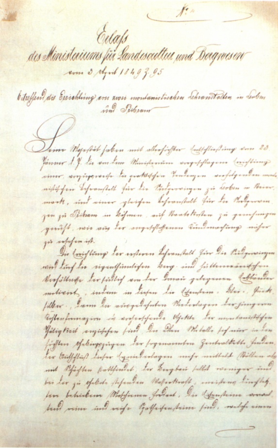 Decree of the Ministry of Agriculture and Mining from April 3, 1849 approving the establisment of montane study schools in Leoben and Příbram.