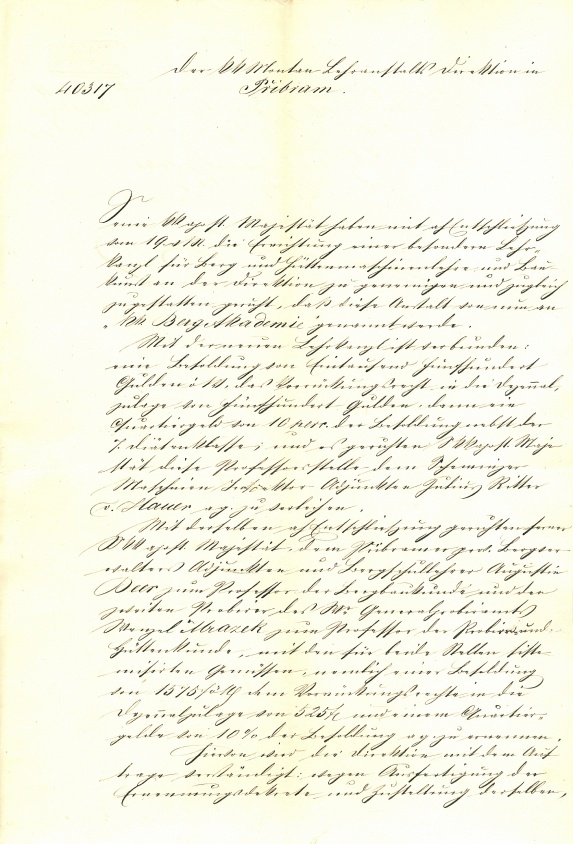 Statement by the Ministry of Finance dated September 6, 1865 recognizing the name of the Mining Academy from the Montane Study Institute in Příbram.