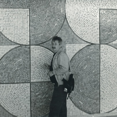 Mosaics author Jan Václavík in front of his work