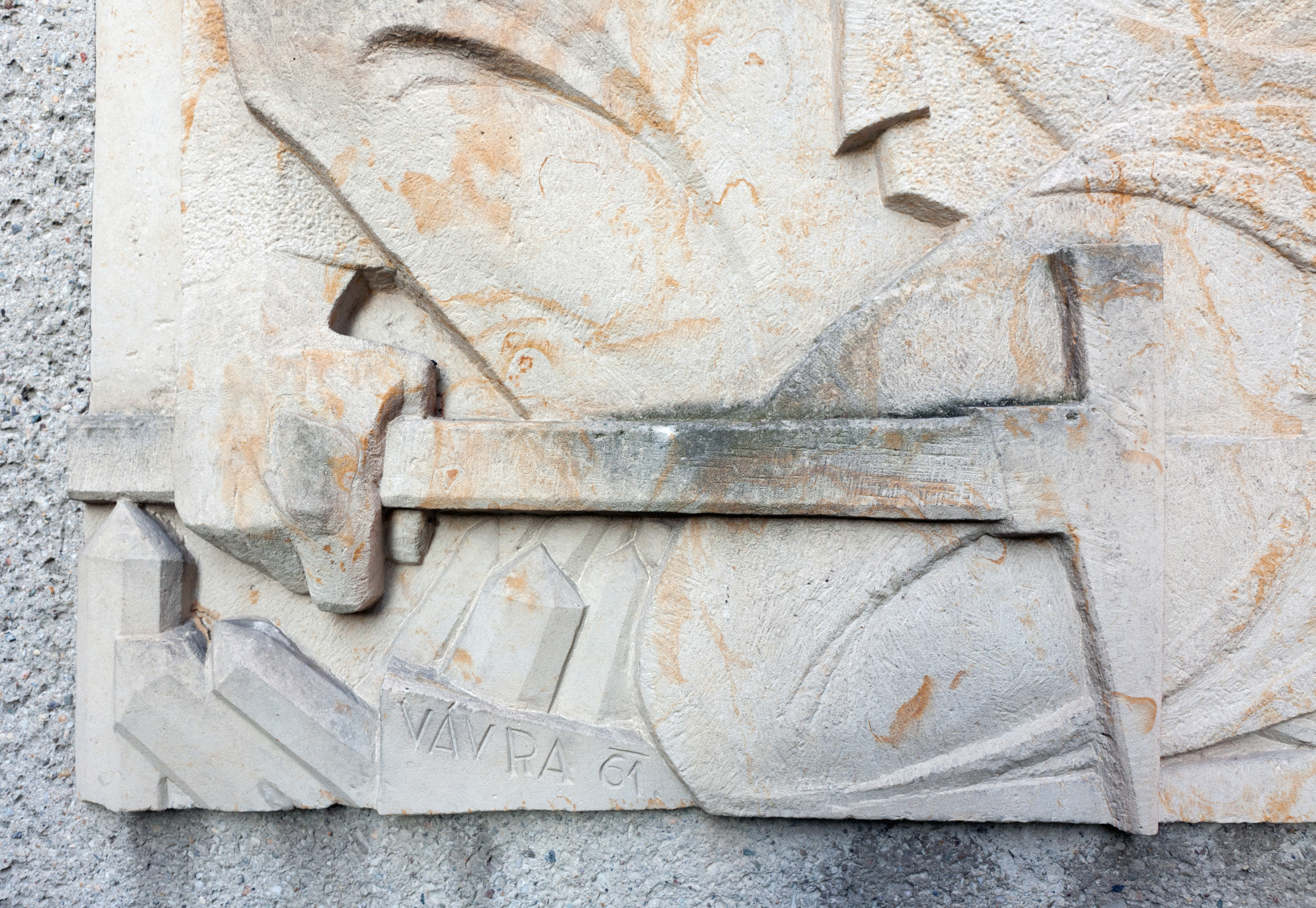 Detail of the relief Miner with the signature of the author, photo by Roman Polášek